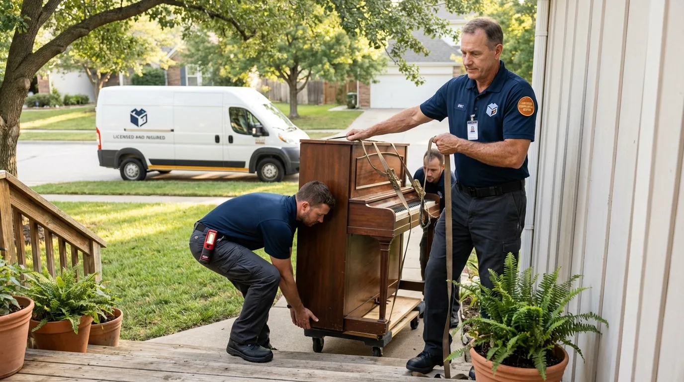 Licensed piano movers securing grand piano in Rolling Meadows, IL