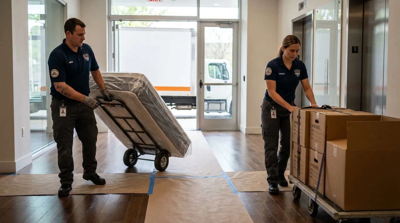 Professional apartment movers loading elevator in Rolling Meadows, IL