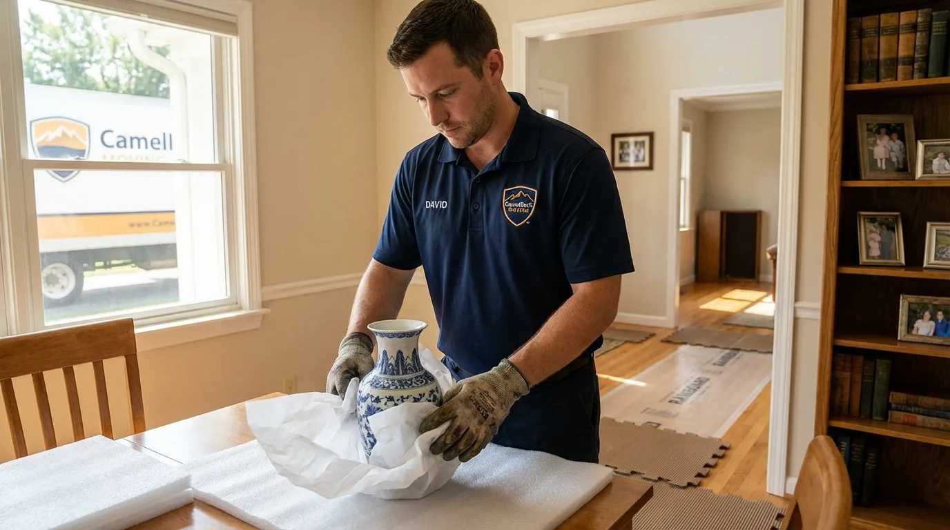 Professional crew carefully wrapping antique vase for senior downsizing move in Rolling Meadows, IL
